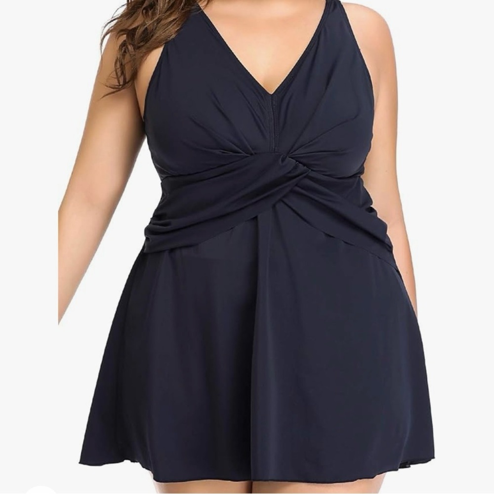 PERONA Women's Plus Size Shaping Body One Piece Swim Dress Dark Blue Vacation